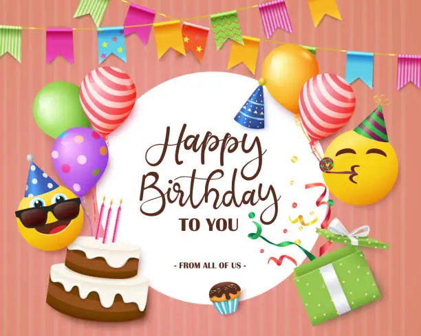 Vector illustration of Birthday greeting vector template design. Happy birthday to you text with colorful celebrating elements and smiley faces for birth day party celebration card messages.
