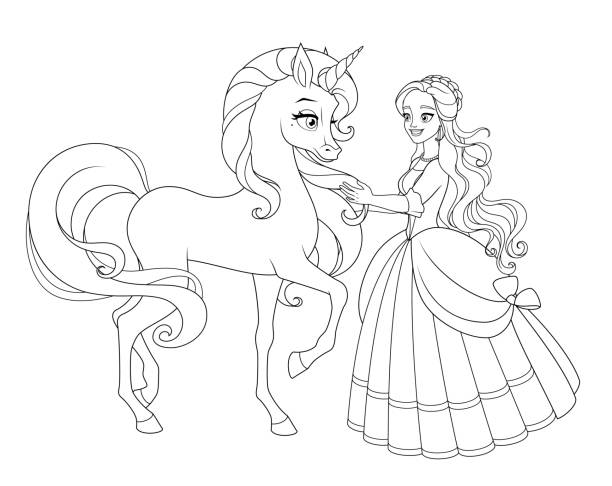 Beautiful princess with unicorn. Vector coloring illustration. Beautiful princess in crinoline dress with unicorn. Vector black and white illustration for coloring book. unicorn coloring pages stock illustrations