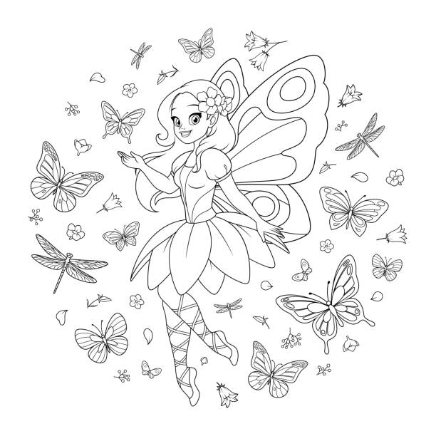 Beautiful flying fairy with wings surrounded with butterflies and flowers. Vector coloring page. Beautiful flying fairy with wings surrounded with butterflies and flowers. Vector black and white illustration for coloring book page. dragonfly drawing stock illustrations
