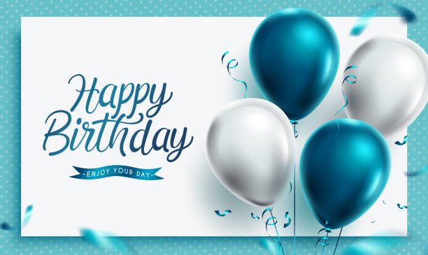 ハッピーバースデーベクトルテンプレートの背景。誕生日お祝いの日カードの装飾のための青い風船のお祝いの要素とホワイトボードでハッピーバースデー挨拶のテキスト。 - invitation greeting card birthday birthday card点のイラスト素材／クリップアート素材／マンガ素材／アイコン素材