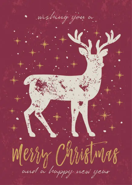 Vector illustration of Christmas deer block printing greeting card - red background - white and gold color