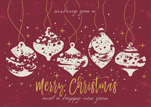 Vector greeting card featuring Christmas ornaments made of splashing paint textures with stars and paint splatters. Craft - hand-made style. Red textured background. Gold and white ink.