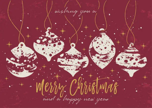 Vector illustration of Christmas ornaments splashing texture greeting card - red background - gold and white color