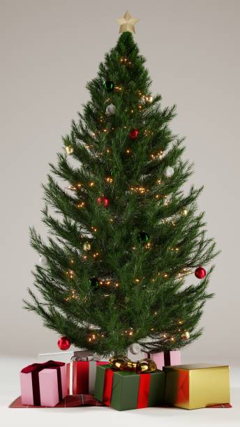 istock Christmas tree decorated with colorful ornaments, light strings, topped with a golden star with presents underneath isolated on warm tone white background. 3d illustration with glare ligthing. 1357227914