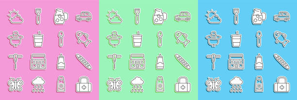 ilustrações de stock, clip art, desenhos animados e ícones de set line first aid kit, french baguette bread, fish, jug glass with water, paper, camping hat, sun and cloud weather and spoon icon. vector - safari animals audio