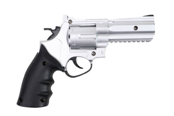 istock Silver pistol with a black handle, on a white background, isolated image 1357231703
