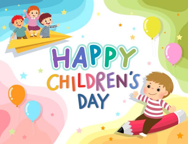 Happy Childrenâs Day vector background with happy kids on the pencil and paper airplane. vector art illustration