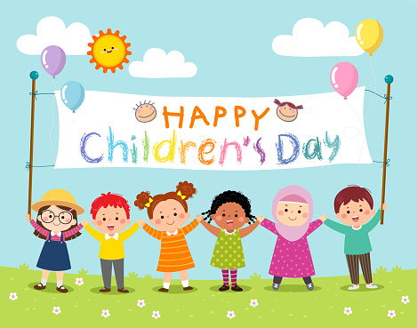 Happy kids holding Childrenâs Day banner.