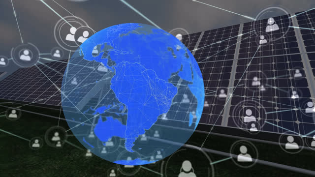 Animation of globe with connections and people icons over solar panels in countryside