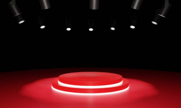 red podium with neon light in the red room.3d rendering.