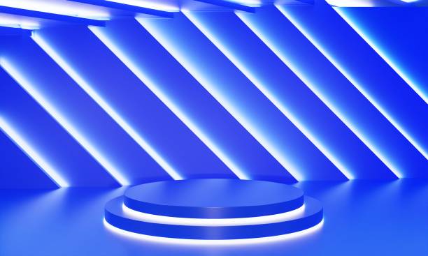 istock blue podium with neon light in the blue room.3d rendering. 1357235760