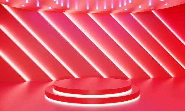 red podium with neon light in the red room.3d rendering.