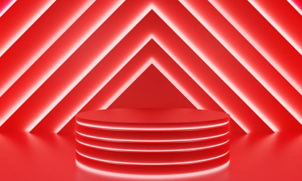 istock red podium with neon light in the red room.3d rendering. 1357235763