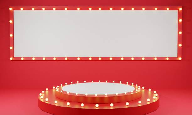 istock red podium with neon light in the red room.3d rendering. 1357235765