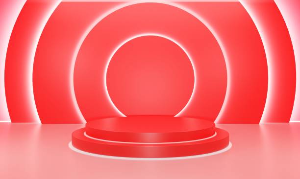 istock red podium with neon light in the red room.3d rendering. 1357235786