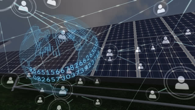 Animation of globe with numbers and network and people icons over solar panels