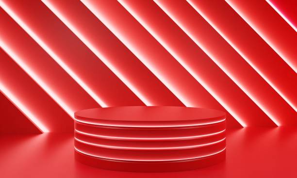 istock red podium with neon light in the red room.3d rendering. 1357236724