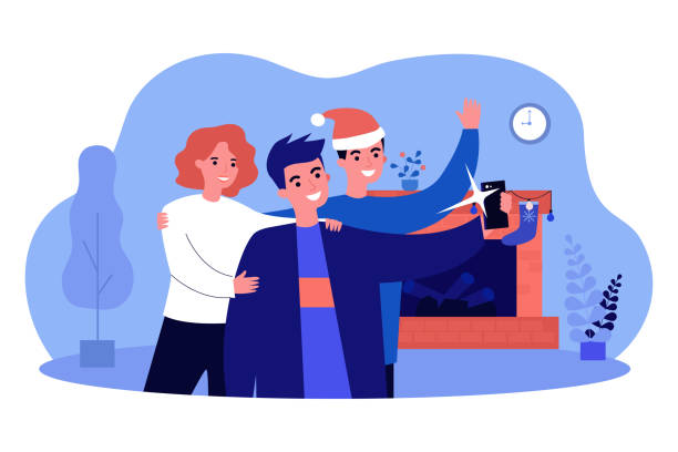 Happy family taking selfie photo after Christmas dinner Happy family taking selfie photo after Christmas dinner. Xmas party of people by home fireplace flat vector illustration. Christmas celebration concept for banner, website design or landing web page christmas fireplace scene cartoons stock illustrations