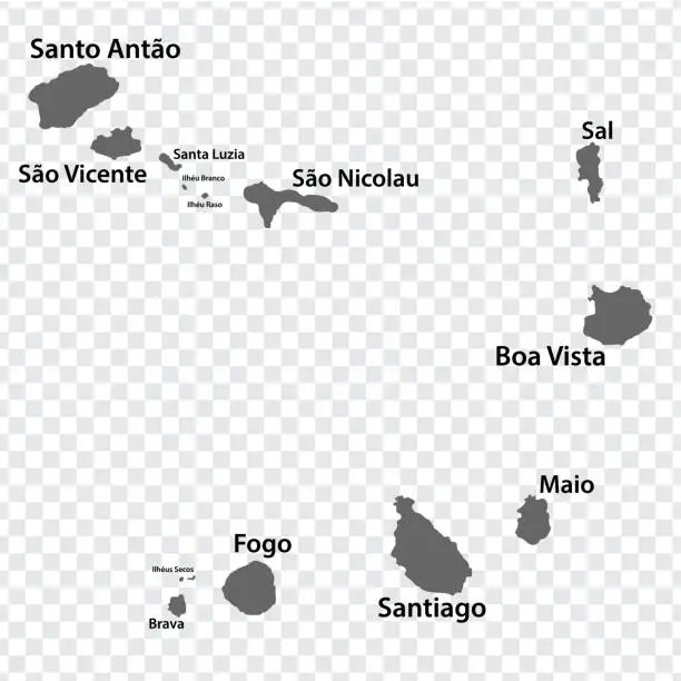 Vector illustration of Blank map Cape Verde  in gray. Every Island map is with titles. High quality map of  Cape Verde with districts on transparent background for your  design.  Africa. EPS10.