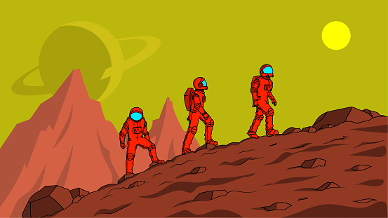 Vector Cartoon Astronauts Exploring a Planet Stock Illustration