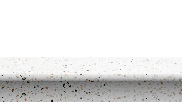 perspective of gray terrazzo or cement tabletop for interior and display show products. studio room isolated on white background stock photo