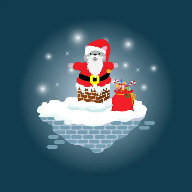 Vector illustration of Cat in a Santa Claus costume stuck in a chimney