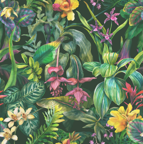 Tropical seamless pattern with exotic flowers. Floral background with leaves and flowers Tropical seamless pattern with exotic flowers. Floral background with leaves and flowers wallpaper sample stock illustrations