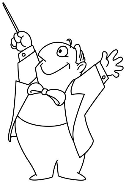 Outlined Conductor Happy chubby music conductor composer man holding his arms and baton up. Vector line art illustration coloring page. fat humor black expressing positivity stock illustrations