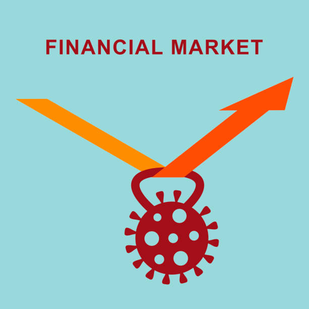weight similar to a coronavirus molecule pulls down a orange arrow Vector graphics - abstract weight similar to a coronavirus molecule pulls down a orange arrow. Concept - global financial market in the context of the coronavirus pandemic financial literacy logo stock illustrations