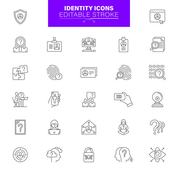 ikony tożsamości. zestaw zawiera ikony: biometryczne, bezpieczeństwo, dowód osobisty, ludzka twarz - identity theft stock illustrations