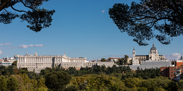 Gardens in Madrid river in autumn overlooking the Cathedral of La Almudena and Royal Palace, Madrid, Spain