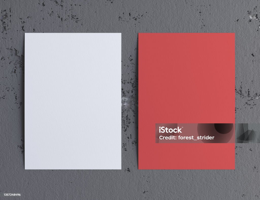 Blank a4 poster white and red on stone wall Blank a4 paper template white and red on gray wall Book Cover Stock Photo