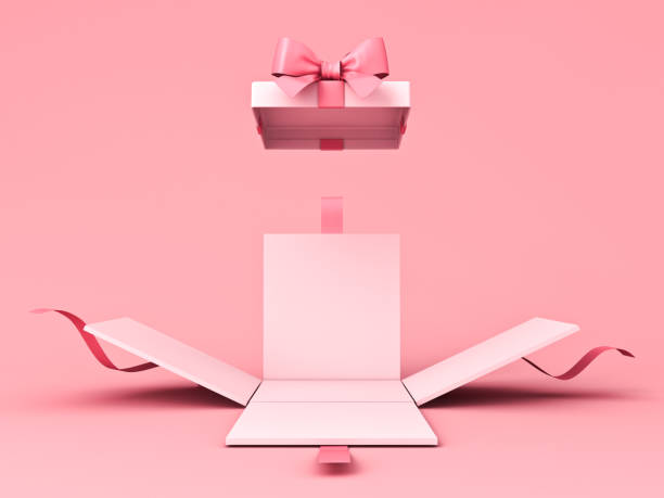 Blank sweet pink pastel color present box or open gift box with pink ribbon and bow isolated on pink background with shadow minimal concept stock photo