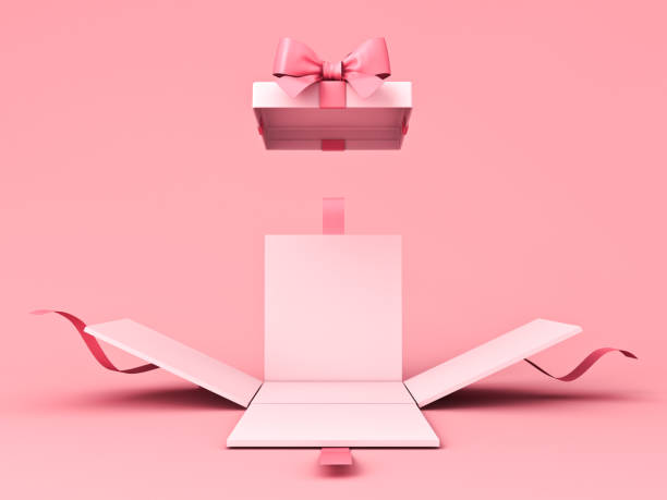 blank sweet pink pastel color present box or open gift box with pink ribbon and bow isolated on pink background with shadow minimal concept - unwrapped imagens e fotografias de stock