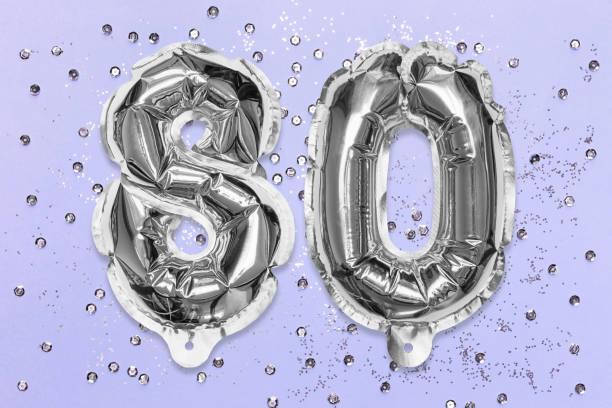 istock Silver foil balloon number, digit eighty on a lilac background with sequins. Birthday greeting card with inscription 80. 1357250221