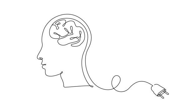 illustrations, cliparts, dessins animés et icônes de dessin continu d’une ligne de la personne de tête et du cerveau avec bouchon. concept de syndrome d’épuisement professionnel et fatigué au travail dans un style linéaire simple. illustration vectorielle doodle - wired
