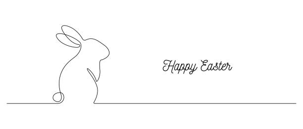 Continuous one line drawing of Easter Bunny. Cute rabbit silhouette with ears in simple linear style for spring design greeting card and web banner.Editable stroke. Minimalistic Vector illustration Continuous one line drawing of Easter Bunny. Cute rabbit silhouette with ears in simple linear style for spring design greeting card and web banner.Editable stroke. Minimalistic Vector illustration. rabbit brush stock illustrations