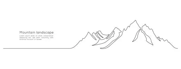 Vector illustration of One continuous line drawing of mountain range landscape. Mounts in simple linear style for winter sports concept isolated on white background. Doodle vector illustration