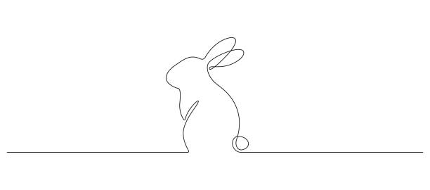 イースターバニーの連続1線の描画。春のデザイングリーティングカードとウェブバナーのためのシンプルなミニマルなスタイルで耳を持つかわいいウサギのシルエット。編集可能なストロー - うさぎ点のイラスト素材／クリップアート素材／マンガ素材／アイコン素材