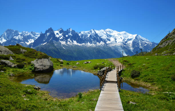 idyllische landschaft mit mont blanc bergkette an sonnigen tagen. - alpen stock-fotos und bilder