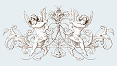 istock Cupids with baroque ornament in old engraving style. 1357254167