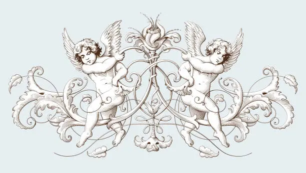 Vector illustration of Cupids with baroque ornament in old engraving style.