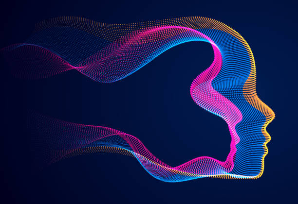 sztuczna inteligencja, abstrakcyjny artystyczny portret ludzkiej głowy wykonany z układu przerywanych cząstek, oprogramowanie wektorowe cyfrowy interfejs wizualny. cyfrowa dusza, duch technologicznego czasu. - ai stock illustrations