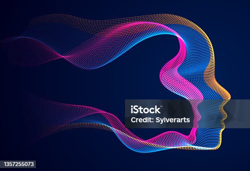istock Artificial Intelligence, abstract artistic human head portrait made of dotted particles array, vector software digital visual interface. Digital soul, spirit of technological time. 1357255073