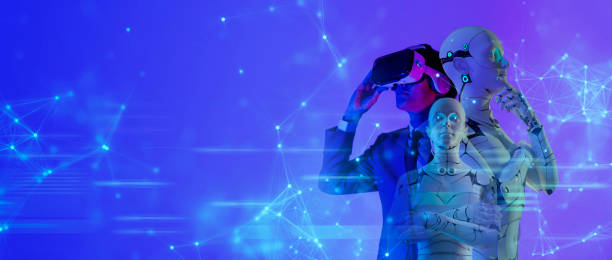 istock Metaverse digital cyber world technology, man with virtual reality VR goggle playing AR augmented reality 3D robot game entertainment and business meeting conference, futuristic lifestyle 1357256843