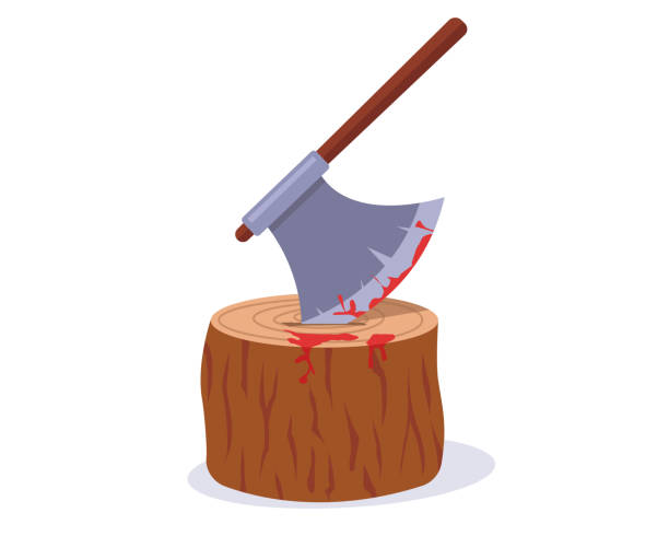 a stump with a stuck ax for execution. place to chop off your head a stump with a stuck ax for execution. place to chop off your head. flat vector illustration. executioner stock illustrations