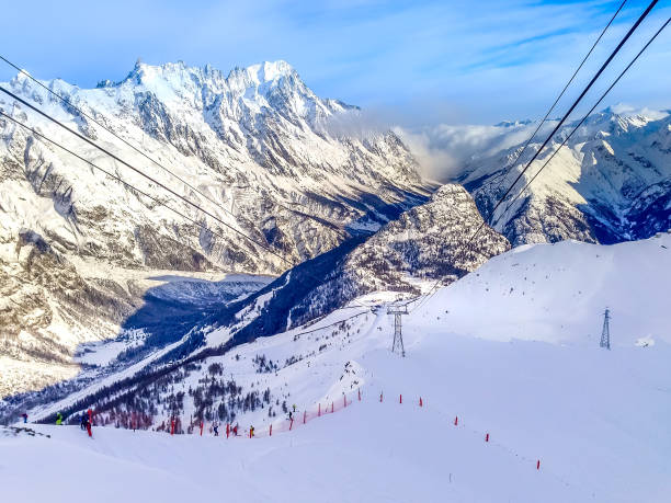 Courmayeur ski resort, Italy, Val d'Aosta aerial panorama with slope and Alps mountain peaks
