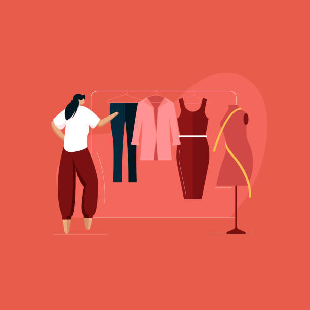 ilustraciones, imágenes clip art, dibujos animados e iconos de stock de chica diseñadora de moda eligiendo ropa elegante en la tienda, opciones de moda comparadas, paños en percha en el armario - getting dressed illustrations