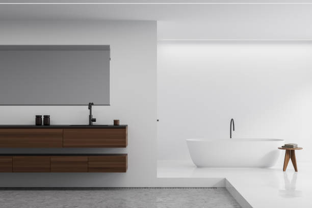 istock White bathroom with wood shelf vanity 1357260357