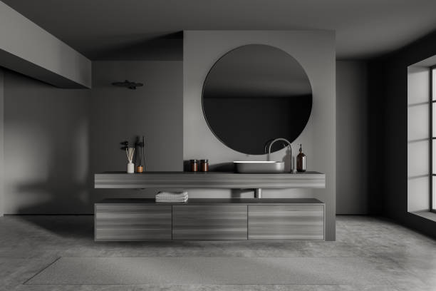 istock Dark grey shower room with modern shelf vanity 1357261493